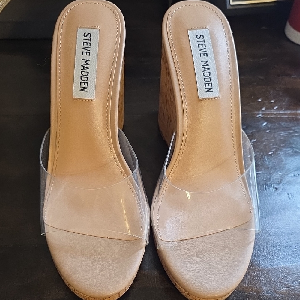 Steve Madden Clear and Tan Wedge Sandals